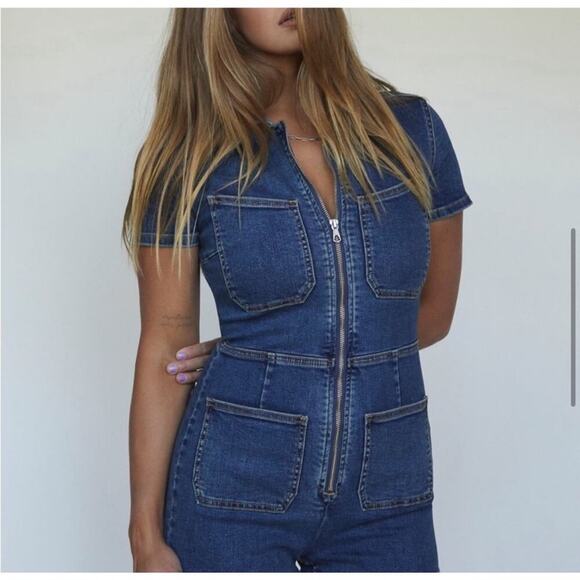 Free People Women’s Lennox Crvy Blue Denim Shortsuit Jeans Collared Romper Sz 12 - Picture 2 of 15